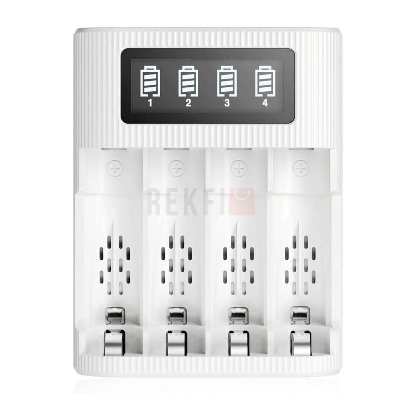 EBL Chargeur de piles rechargeables 4 baies avec Grand ecran LCD AA AAA avec port MicroUSB et type C
