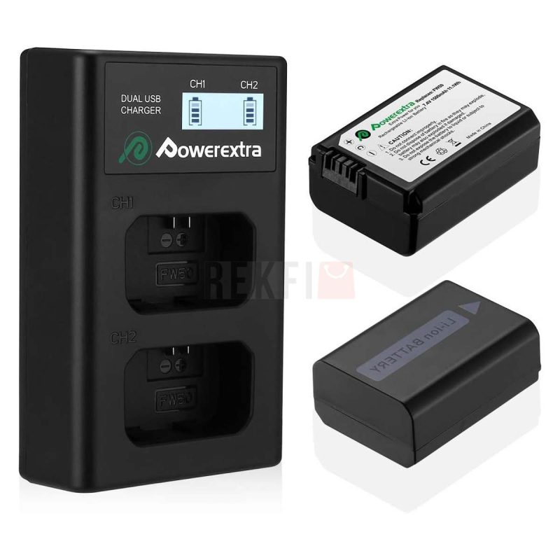 Powerextra Pack de 2 batteries Sony NP FW50 et Chargeur double LCD USB