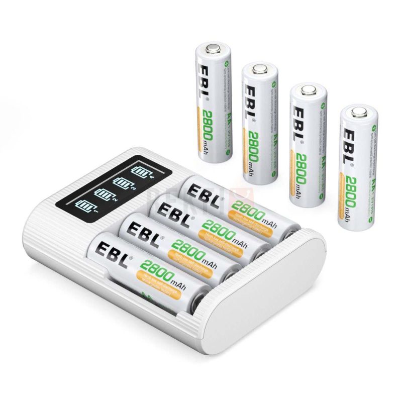 Pack EBL Chargeur de Piles Rechargeables Smart LCD 4 baies FY 409– avec 4 piles AA rechargeables EBL de 2800 mAh