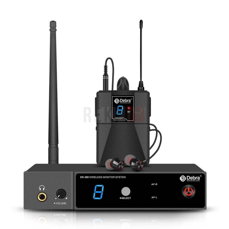 Systeme de monitoring intra auriculaire sans fil Debra ER 280 UHF professionnel mono IEM emetteur et recepteur avec ecouteurs pour scene groupe studio denregistrement performance live