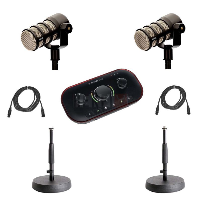 Pack DUO Podcasting Complet pour 2 Personnes – Focusrite Vocaster Two Rode PodMic Pieds Cables Pro