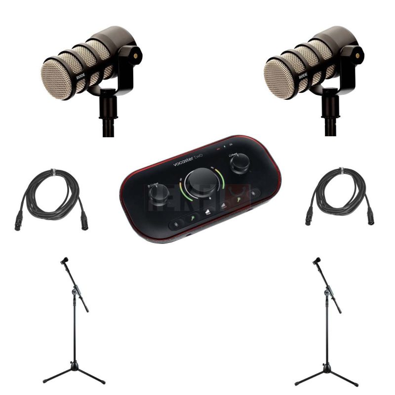 Pack DUO Podcasting Complet pour 2 Personnes – Focusrite Vocaster Two Rode PodMic TrePieds Cables Pro