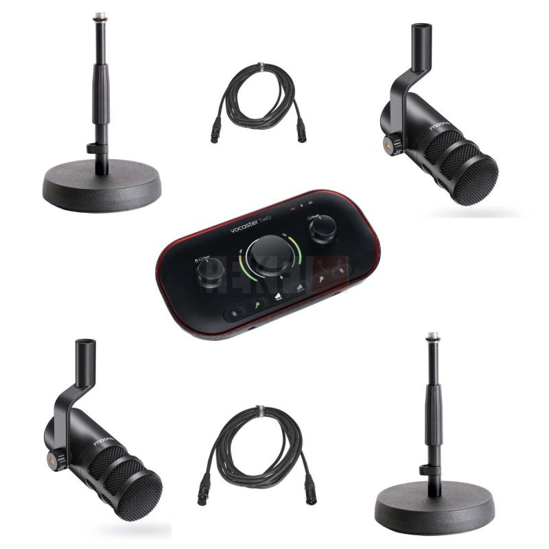 Pack de Podcasting 2 personnes – Focusrite Vocaster Two 2x Maono PD100 2x Pieds de table Cables XLR