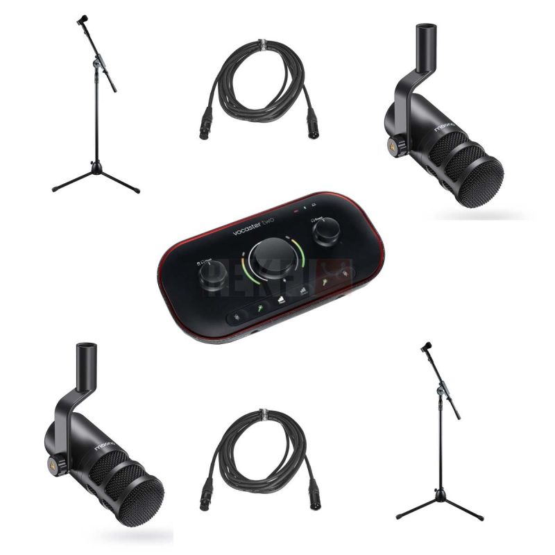 Pack de Podcasting 2 personnes – Focusrite Vocaster Two 2x Maono PD100 2x Trepieds Robustes Cables XLR
