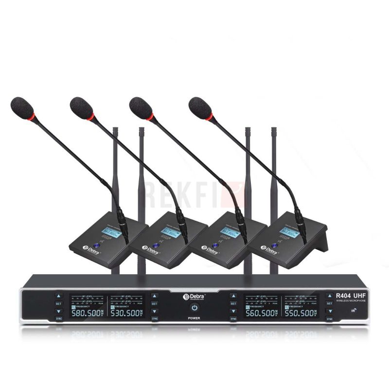 Systeme de Microphones Sans Fil pour Conference Debra Audio R404 UHF – 4 Micros Col de Cygne 360° Cardioide Canaux Reglables Recepteur Pro XLRJack ideal pour les conferences et les discours
