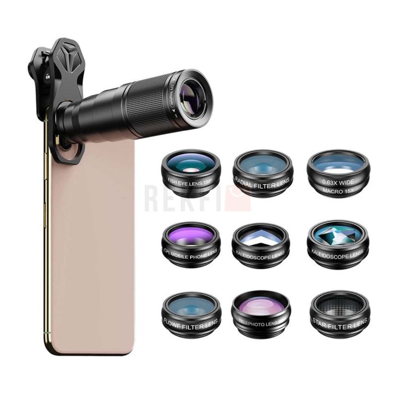 Apexel Kit Objectifs Smartphone 10 en 1 avec Teleobjectif 22x Grand Angle Macro Fisheye Trepied et Etui de Transport Universel