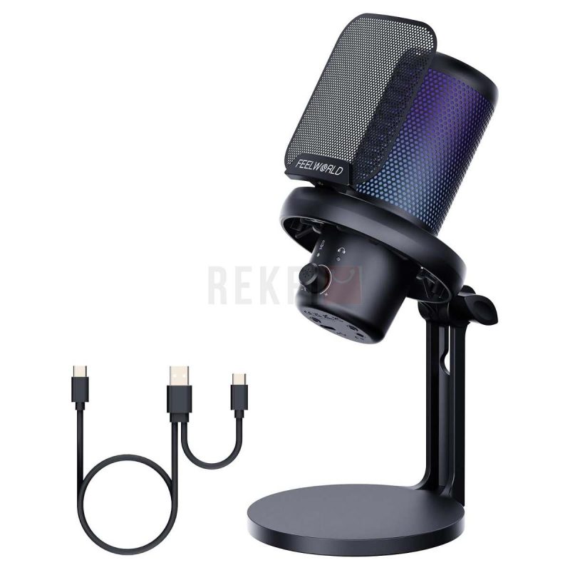 FEELWORLD VM1 – Microphone USB Cardioide Gaming Podcast avec Bouton Mute Monitoring Direct Maille Anti Pop Lumieres RGB et Support de Bureau