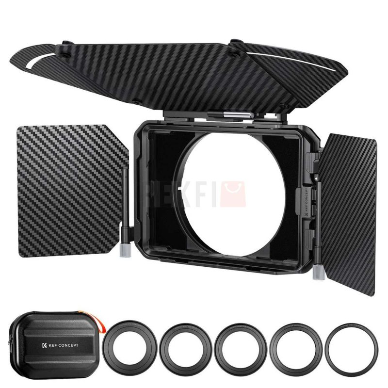 KF Concept Matte Box PRO Carbone – Pare Soleil Cinema avec Drapeau Superieur Panneaux Lateraux Cadre Filtre 4x5.65 et 5 Bagues Adaptatrices 67 95mm
