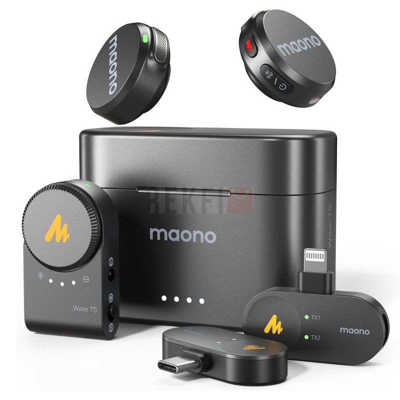 MAONO Wave T5 COMBO – Micro Cravate Sans Fil Professionnel 48 kHz24 bits pour iPhone Android Camera et PC avec Reduction de Bruit et Autonomie 30h