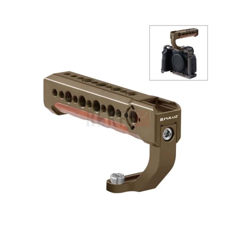 Poignee superieure PULUZ PU3068GT en bois finition bronze avec griffe cold shoe montee sur une cage pour camera hybride